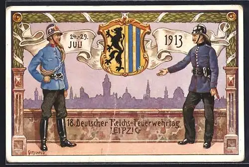 Künstler-AK Leipzig, 18. Duetscher Reichs-Feuerwehrtag 1913, Uniformen im Wandel