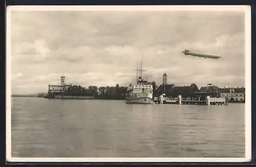 Foto-AK Langenargen am Bodensee, Dampfer und Zeppelin
