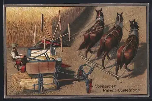 Passepartout-Künstler-AK Vorkarren Patent Cortembos, Pferdemäher aus der Vogelschau