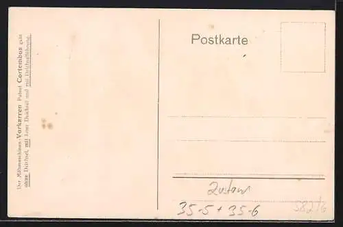 Passepartout-Künstler-AK Vorkarren Patent Cortembos, Pferdemäher aus der Vogelschau