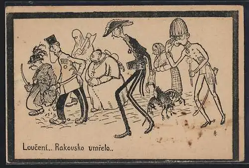 Künstler-AK Karikatur von Kaiser Franz Josef I. von Österreich, Louceni... Rakovsko umrelo