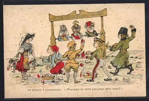 Künstler-AK Grand Jeu de Massacre Europee, Kinder bewerfen Mehmet V. der Türkei, Franz Josef I. & Wilhelm II. mit Bällen