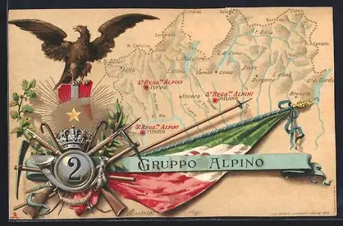 Künstler-AK 2. Regiment Gruppo Alpino, Adler, Karte von Nord-Italien