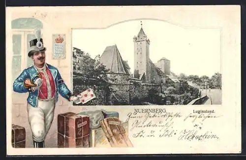 Lithographie Nürnberg, Luginsland, Passepartout mit Briefträger und Paketen