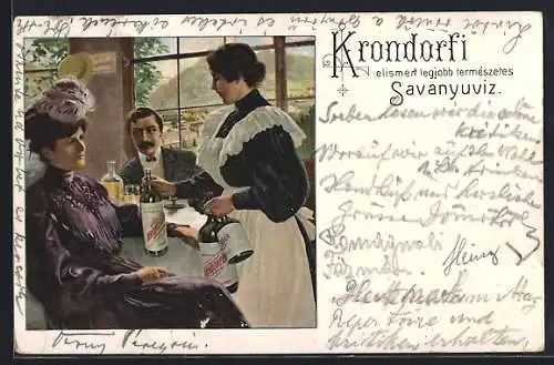 AK Reklame für Krondorfer-Spirituosen, Kellnerin serviert Krondorfer in einem Gasthaus