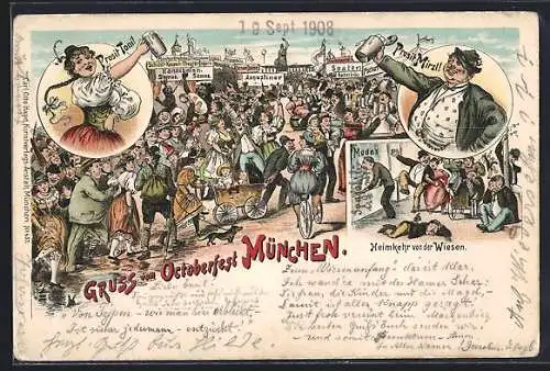 Lithographie München, Oktoberfest, Heimkehr von der Wiesen, Prosit Toni und Mirzl, Kannibalen aus Samoa