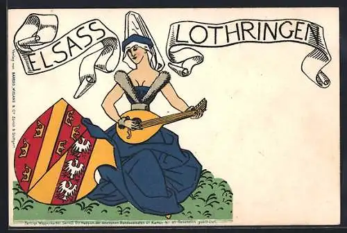 AK Frau in elsass-lothringischer Tracht spielt auf einer Mandoline, Schild