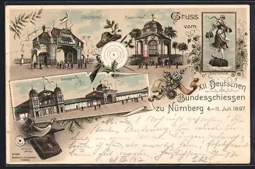 Lithographie Nürnberg, XII. Deutsches Bundesschiessen 1897, Hauptportal, Schützenlisl