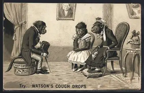 AK Reklame für Watsons Cough Drops, vermenschlichte Affen