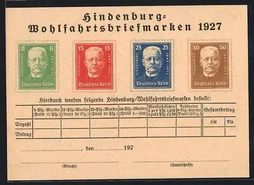 AK Bestellkarte für Hindenburg-Wohlfahrtsbriefmarken 1927