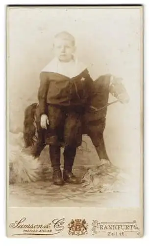 Fotografie Samson & Co., Frankfurt / Main, junger Knabe im Matrosenanzug mit grossen Schaukelpferd