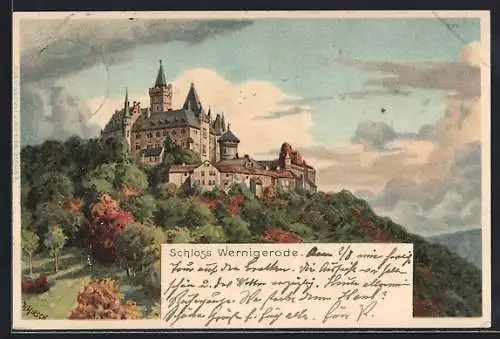 Lithographie Wernigerode, Ansicht vom Schloss