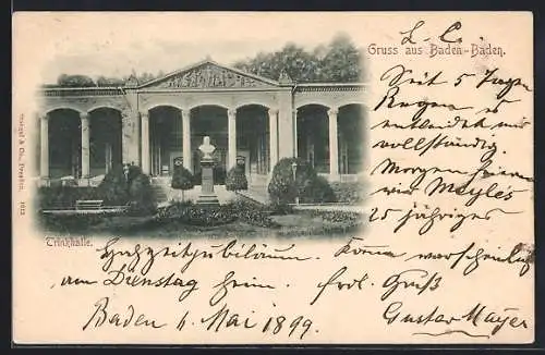 AK Baden-Baden, Trinkhalle mit Denkmal