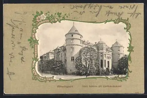 Lithographie Stuttgart, Altes Schloss mit Gerocksdenkmal, Anemonen, Passepartout