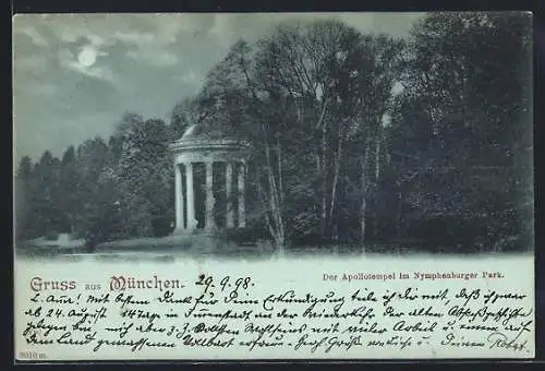 Mondschein-AK München, Apollotempel im Nymphenburger Park