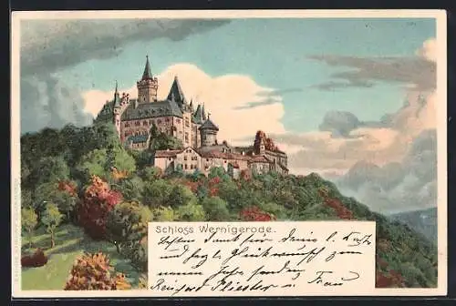 Lithographie Wernigerode, Ansicht vom Schloss