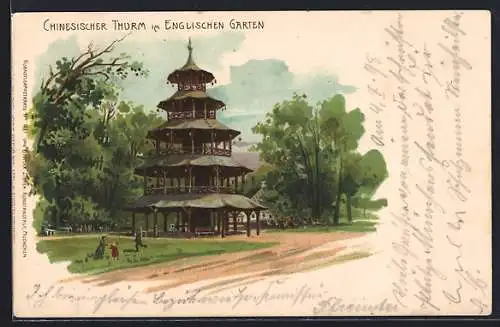 Lithographie München-Schwabing, Chinesischer Turm im englischen Garten