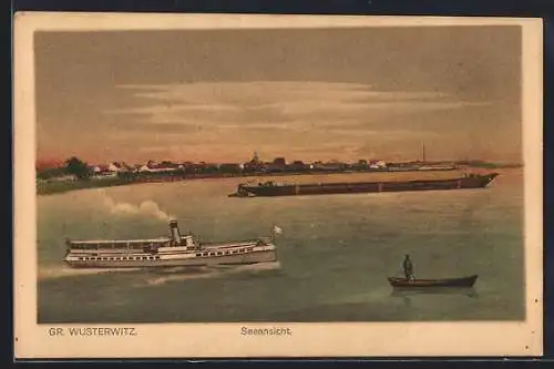 AK Gross-Wusterwitz, Ortspanorama mit Dampferpartie