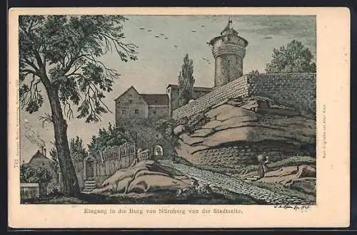 Künstler-AK Nürnberg, Eingang in die Burg von der Stadtseite