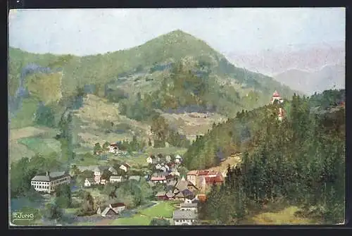 Künstler-AK Franz Jung-Ilsenheim: Guttenstein in Niederösterreich, Teilansicht mit Bergen