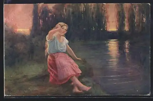 Künstler-AK Fr. Klimes: Frau sitzt abends am Ufer