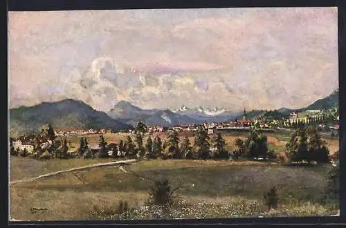 Künstler-AK Eduard Manhart: St. Veit in Kärnten, Teilansicht mit Bergen von Osten