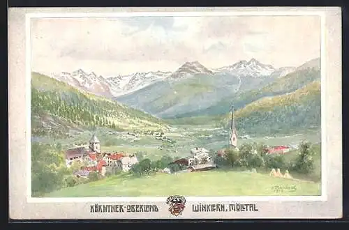 Künstler-AK Eduard Manhart: Winklern /Mölltal, Ortspartie mit Bergen