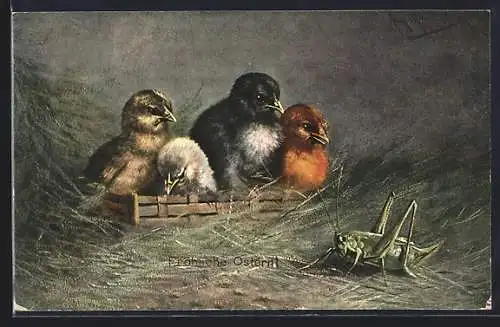 Künstler-AK August Müller - München: Küken im Körbchen schauen zum grossen Grashüpfer