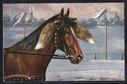 Künstler-AK August Müller - München: Pferd in winterlicher Landschaft