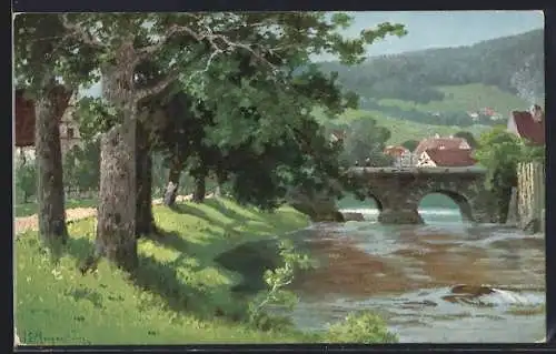 Künstler-AK Bad Landeck, An der Biele mit Brücke