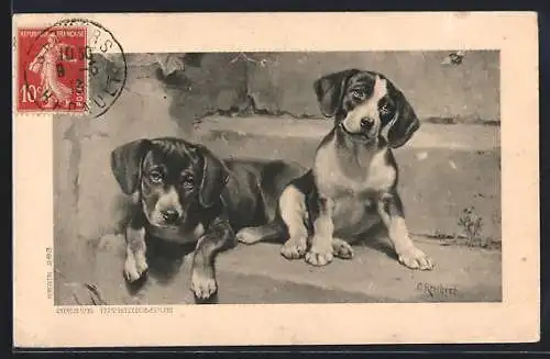 Künstler-AK Carl Reichert: Zwei schläfrige Dackel auf der Treppe