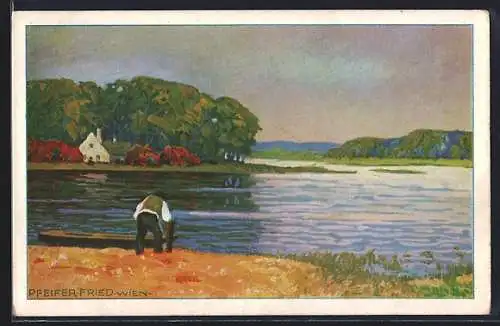 Künstler-AK Pfeifer-Fried: Uferpartie mit Fischerboot