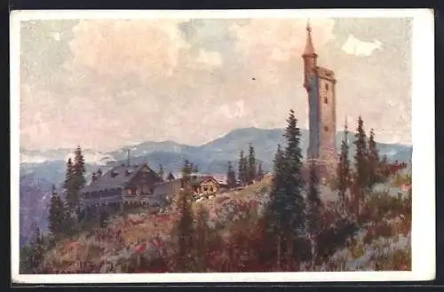 Künstler-AK Berghotel Bürgeralpe, der Aussichtsturm im Wald