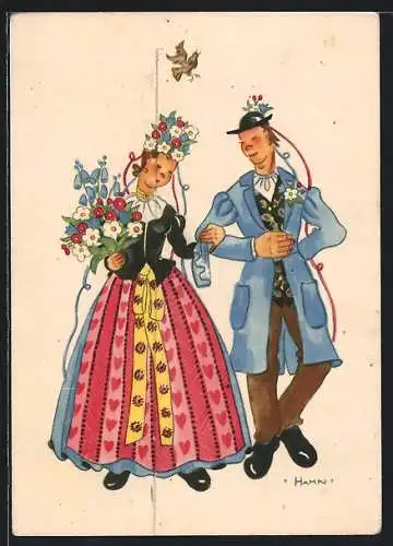 Künstler-AK Hahn: Hochzeitspaar in Tracht mit Blumen
