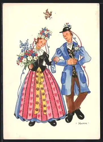 Künstler-AK Hahn: Ein Pärchen in Tracht mit Blumen