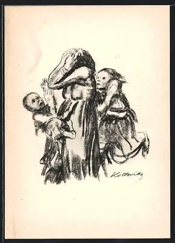Künstler-AK Käthe Kollwitz: Gefallen, Frau mit Kindern