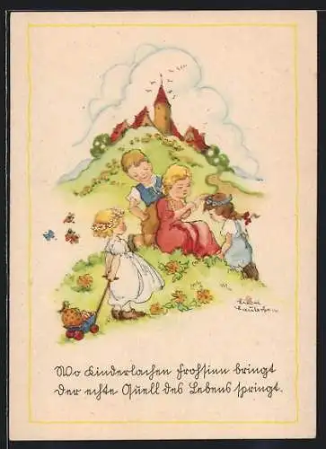 Künstler-AK sign. Liesel Lauterborn: Kinder spielen im Frühling