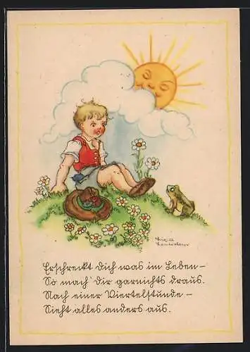 Künstler-AK Liesel Lauterborn: Kleiner Junge trifft auf der Wiese auf einen Frosch