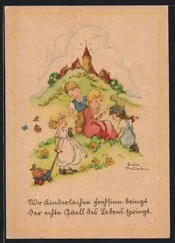 Künstler-AK Liesel Lauterborn: Kinder auf einer Blumenwiese