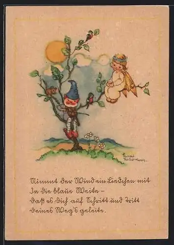 Künstler-AK sign. Liesel Lauterborn: Engel & musizierender Zwerg sitzen auf einem Baum