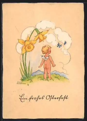 Künstler-AK Liesel Lauterborn: Glockenblume und Englein mit Schmetterlingen, Ostergruss