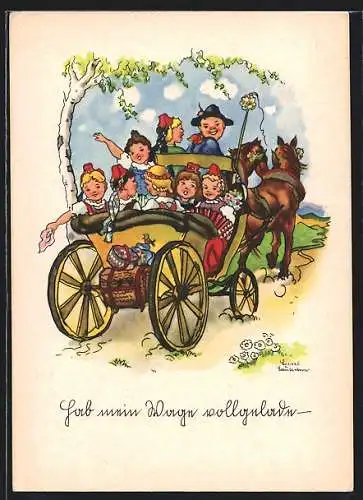 Künstler-AK Liesel Lauterborn: Kinder im Pferdewagen auf einer Landstrasse