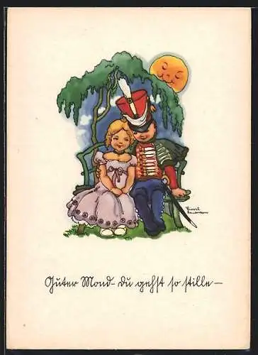 Künstler-AK Liesel Lauterborn: Soldat in Uniform mit Frau bei Mondschein