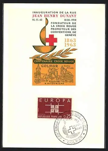 Künstler-AK Colmar, Inauguration de la Rue Jean Henry Dunant 1828-1910, Centre Viticole, Rotes Kreuz