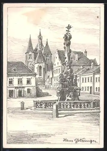 Künstler-AK Hans Götzinger: Eggenburg /N. Ö., Hauptplatz mit Kirche und Denkmal