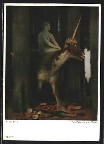 Künstler-AK Arnold Böcklin: Das Schweigen im Walde, eine Frau reitet auf einem Einhorn durch den Wald