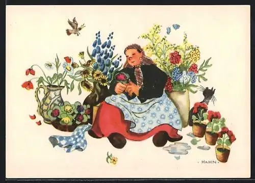 Künstler-AK Hahn: Frau sitzt zwischen Blumentöpfen