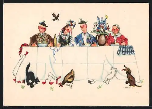 Künstler-AK Hahn: Hochzeitspaar sitzt am Esstisch