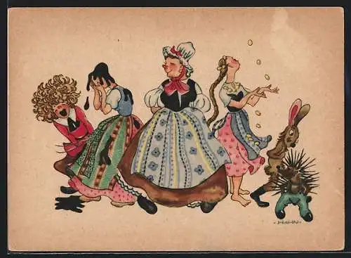 Künstler-AK Hahn: Frau in Tracht mit Hase und Igel