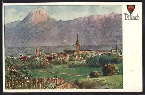 Künstler-AK E.F. Hofecker: Villach, Ortspartie mit Bergen